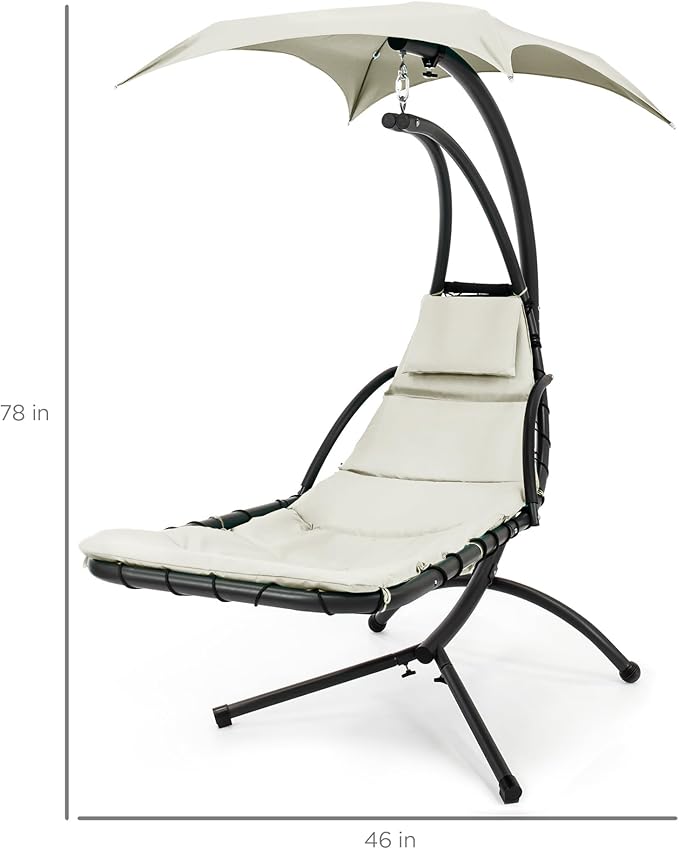 Best Choice Products Outdoor Hanging Curved Steel Chaise Lounge Chair Swing w/Built-in Pillow and Removable Canopy - Ivory