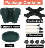 GameXcel Vertical Planter 5 Tier Stackable Planters Garden Planters Strawberry Herb Flower and Vegetable Planter Indoor Outdoor Gardening Pots with Removable Wheels and Tools 2-Pack
