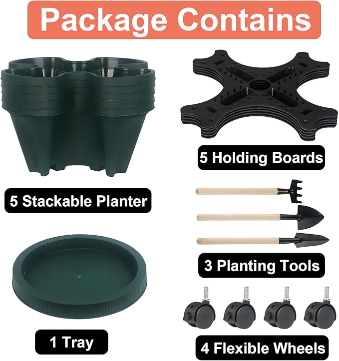 GameXcel Vertical Planter 5 Tier Stackable Planters Garden Planters Strawberry Herb Flower and Vegetable Planter Indoor Outdoor Gardening Pots with Removable Wheels and Tools 2-Pack