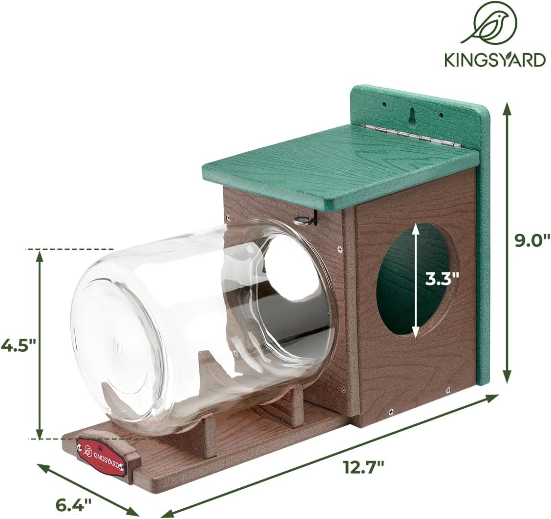 Kingsyard Recycled Plastic Squirrel Feeder for Outside, Squirrel Feeder Box with Peanuts Corn Storage Jar, Sturdy & Durable, Weatherproof (Green & Brown) | Sturdy & Durable Recycled Plastic, Removable Peanuts Corn Storage Jar, No Assembly Required