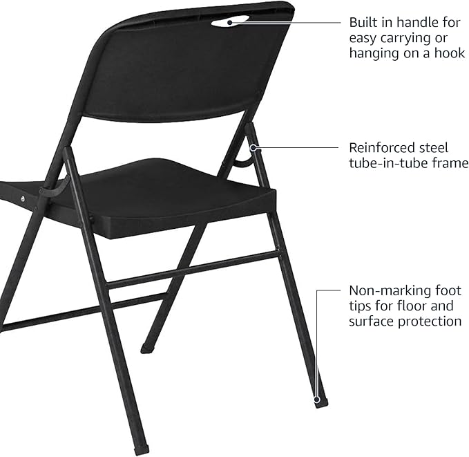Amazon Basics Portable Folding Plastic Chair, Events Seating, Easy to Store, 350-Pound Capacity, Black, 2-Pack