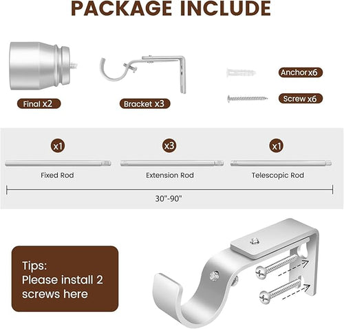 1” Diameter Silver Curtain Rods Itself is 30 to 90 inch, 1 Pack Fit 30-84 inch Windows with Heavy Duty Adjustable Rod 1 Inch Diameter Splicing Metal Extra Long Curtain Rod