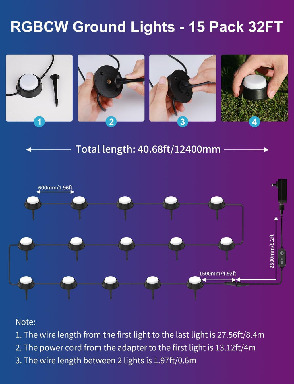 Outdoor Ground Lights 15 Pack, 32FT RGBCW Pathway Lights Wired | Color Changing Landscape Lights, 2200-6500K CCT, IP65 Waterproof, for Path Garden Lawn, Holiday/Party Decor, Alexa Compatible