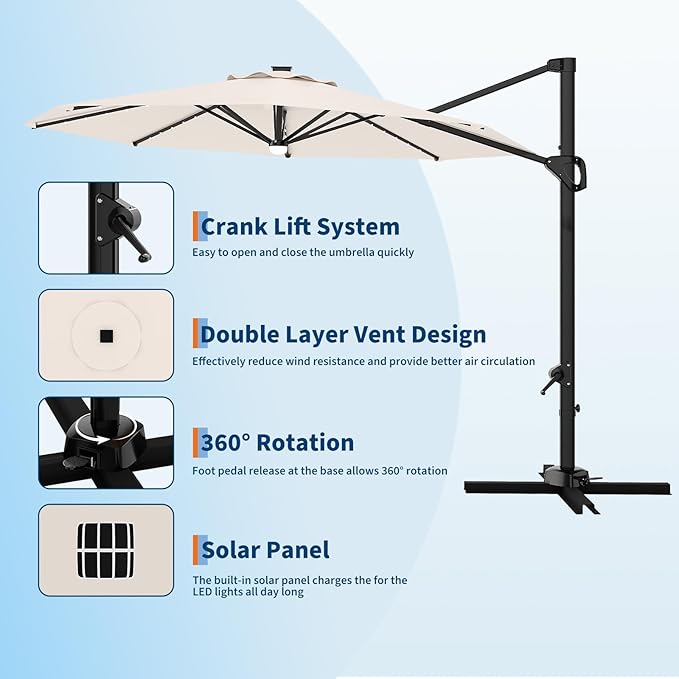 Garvee 10 ft Cantilever Patio Umbrella with Solar Lights, 360° Rotation Offset Umbrella, Easy Crank & Tilt Adjustment, UV Protection for Backyard, Poolside, Deck -Beige