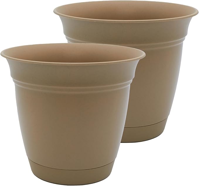 The HC Companies 12 Inch Eclipse Round Planter Pots with Drainage Holes & Attached Saucer, Lightweight UV-Resistant Plastic Indoor & Outdoor Planters, 2-Pack Flower Pots, Garden Home Decor, Sandstone