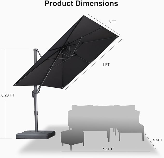 PURPLE LEAF Patio Umbrella 8' X 8' Rectangle Cantilever Umbrella Large Aluminum Outdoor Umbrellas with 360-degree Rotation & UPF40+ Premium Fabric for Deck Pool Garden Yard, Graphite Grey
