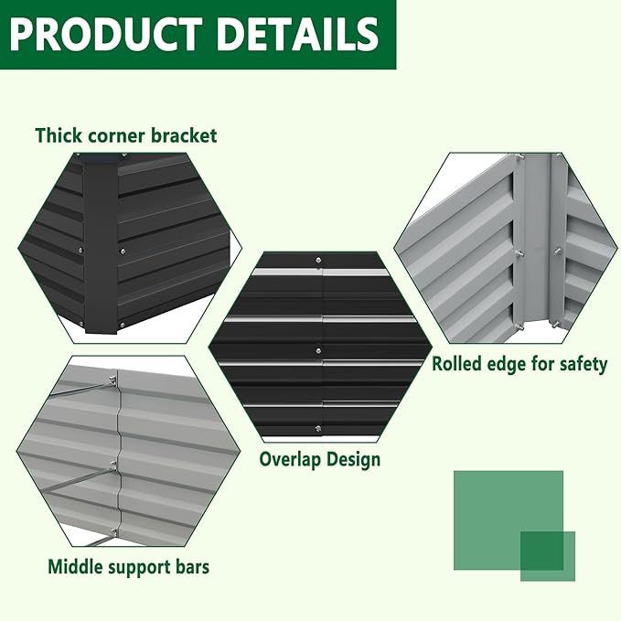2 Pack 6x3x1FT Galvanized Raised Garden Bed Kit, Outdoor Metal Planter Box for Vegetables, Bottomless Rectangular Gardening Bed with Support Rods, Tool-Free Assembly, Black