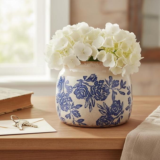 Chinoiserie Ceramic Plant Pot for Garden Decor, 6.29in Rustic Farmhouse Planter with Drainage Hole for House Plants, Blue and White Vase for Centerpiece, Kitchen & Office Decoration, Plant Lover Gifts