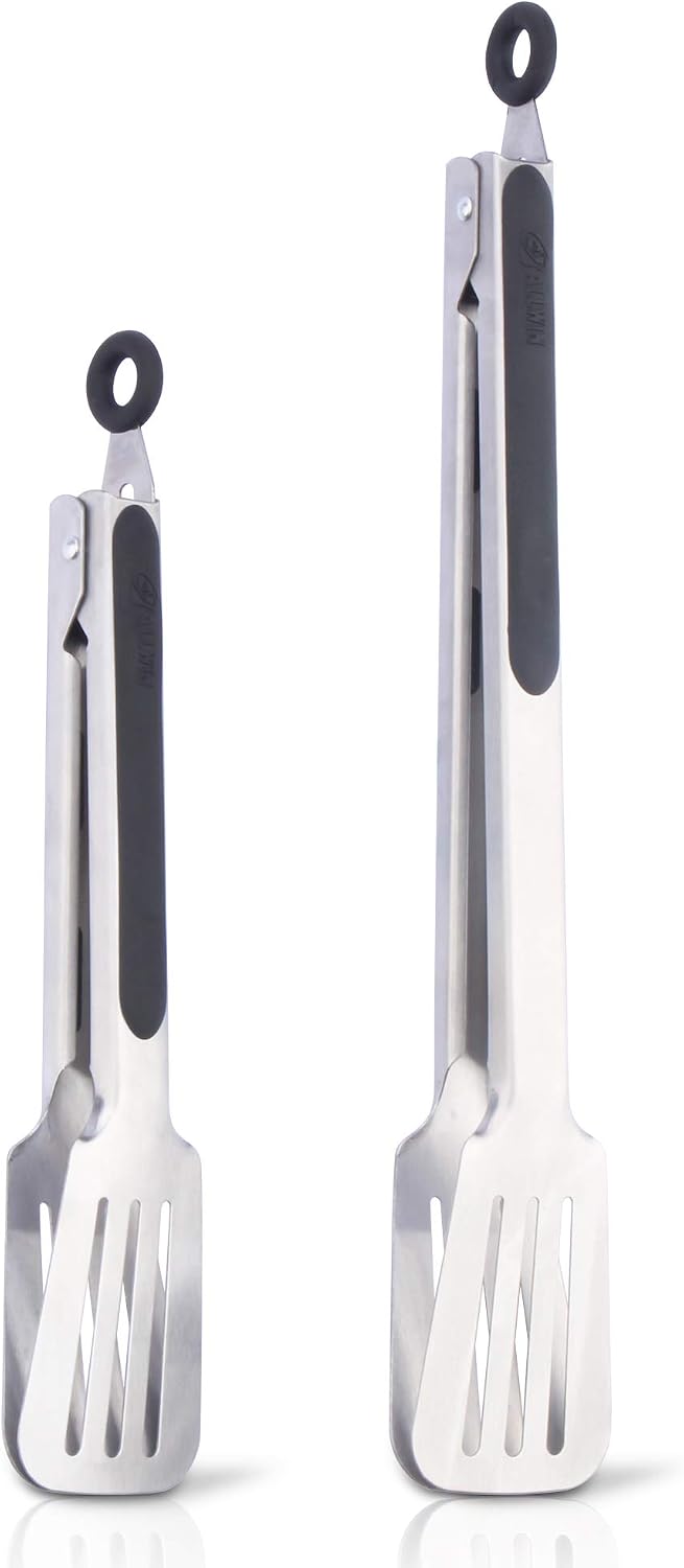 Kitchen & Grill Tongs Set of 2, 304 Stainless Steel, 9 & 12 Inch, Black | Two Locking Food Tongs with Non-slip Grips for BBQ, Cooking and Serving; Brushed Finish, Hanging Loops, Dishwasher Safe