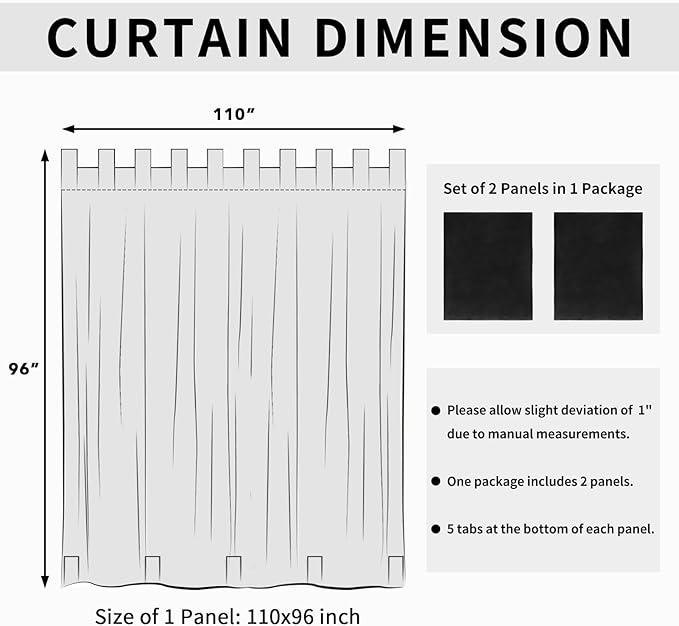Easy-Going Outdoor Patio Curtains Detachable Tab Top Windproof Weatherproof Curtain for Cabana, Porch, Pergola and Gazebo, Tab Bottom Drape, 2 Panels, 110W x 96L inch, Black