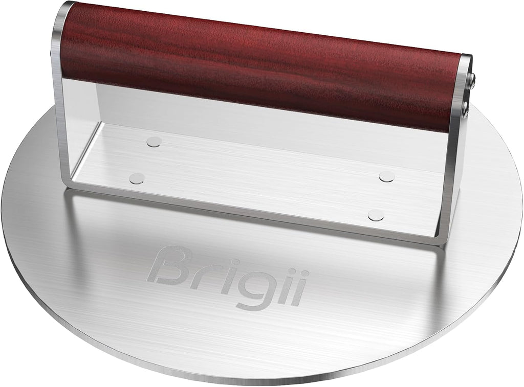 Brigii 8.5" Stainless Steel Smash Burger Press, Heavy Duty Smasher | 2.5lb, smooth surface, heat-resistant wooden handle, zero maintenance, dishwasher safe, for griddle and grill