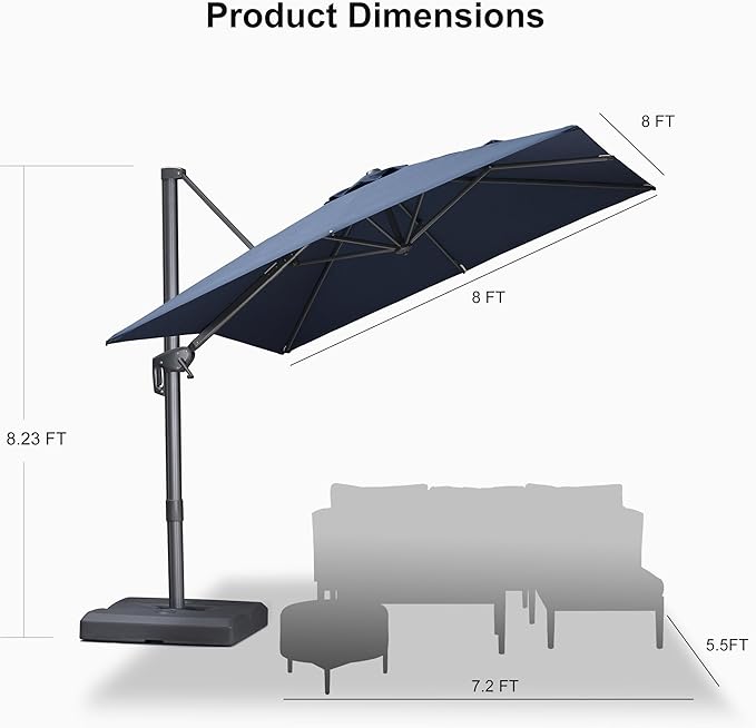 PURPLE LEAF Patio Umbrella 8' X 8' Rectangle Cantilever Umbrella Large Aluminum Outdoor Umbrellas with 360-degree Rotation & UPF40+ Premium Fabric for Deck Pool Garden Yard, Ocean Slate