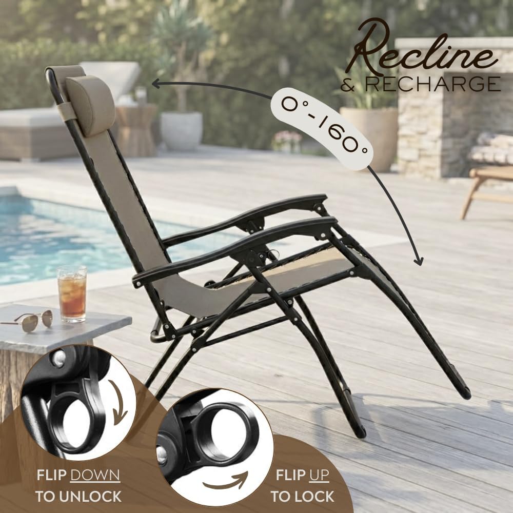 2-Pack Adjustable Zero Gravity Lounge Chair with Steel Mesh Fabric: Reclining Lawn Chair Featuring Comfort Pillow, Cup Holder Tray, and Customizable Recline Positions