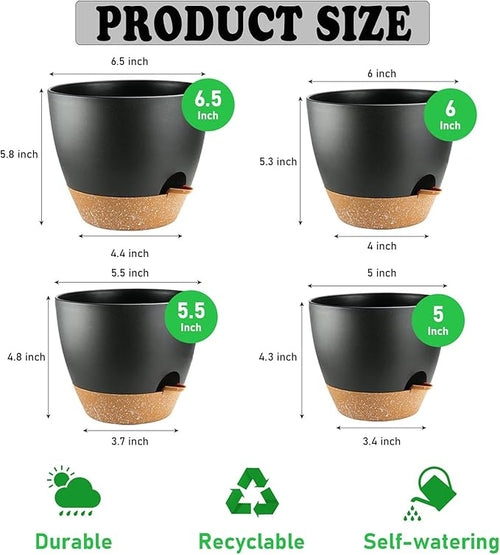 4-Pack Plant Pots with Drainage 6.5/6/5.5/5 Inch, Self Watering Pots for Indoor Plants, Planters for Indoor Outdoor Plants, Plastic Flower Pot, Planter for Indoor Outdoor (Black)