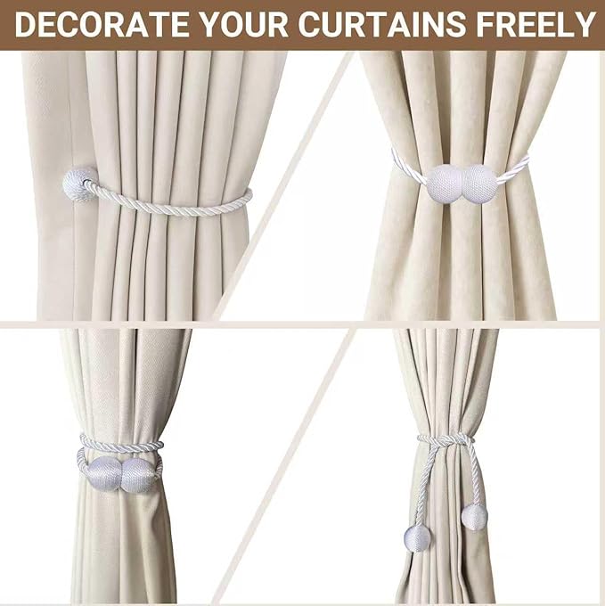 Hion Magnetic Curtain Tiebacks White 4 Pack, Curtain Tiebacks Buckles Holdbacks Holders Hooks Clip for Home Bedroom Office Decorative Thick or Thin Curtain