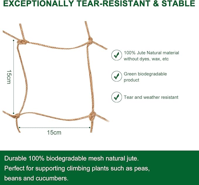 Jute Trellis Netting - Jute Netting for Garden, Heavy Duty Plant Support Netting for Climbing Plants, Cucumber, Vine, Fruits & Vegetables, Climbing Vining Plants (3.3 Ft X 16.4 Ft, 5.9 Inch Squares)