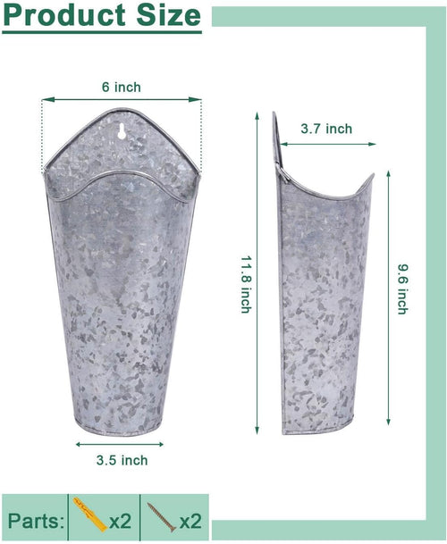 2 Pack 12 Inch Galvanized Wall Planters for Flowers, Silver | Tall Metal Tin Vases for Indoor or Outdoor Flowers, Farmhouse Hanging Planter Decor for Walls, Porches and Country Homes