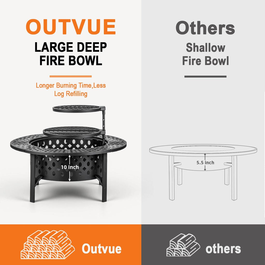 outvue 36 inch fire pit with 2 grills,wood shown in use