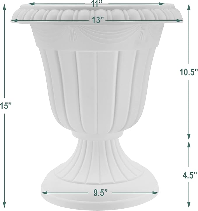 Arcadia Garden Products PL10SL Classic Traditional Plastic Urn Planter Indoor/Outdoor, 15" x 13", Brushed Silver