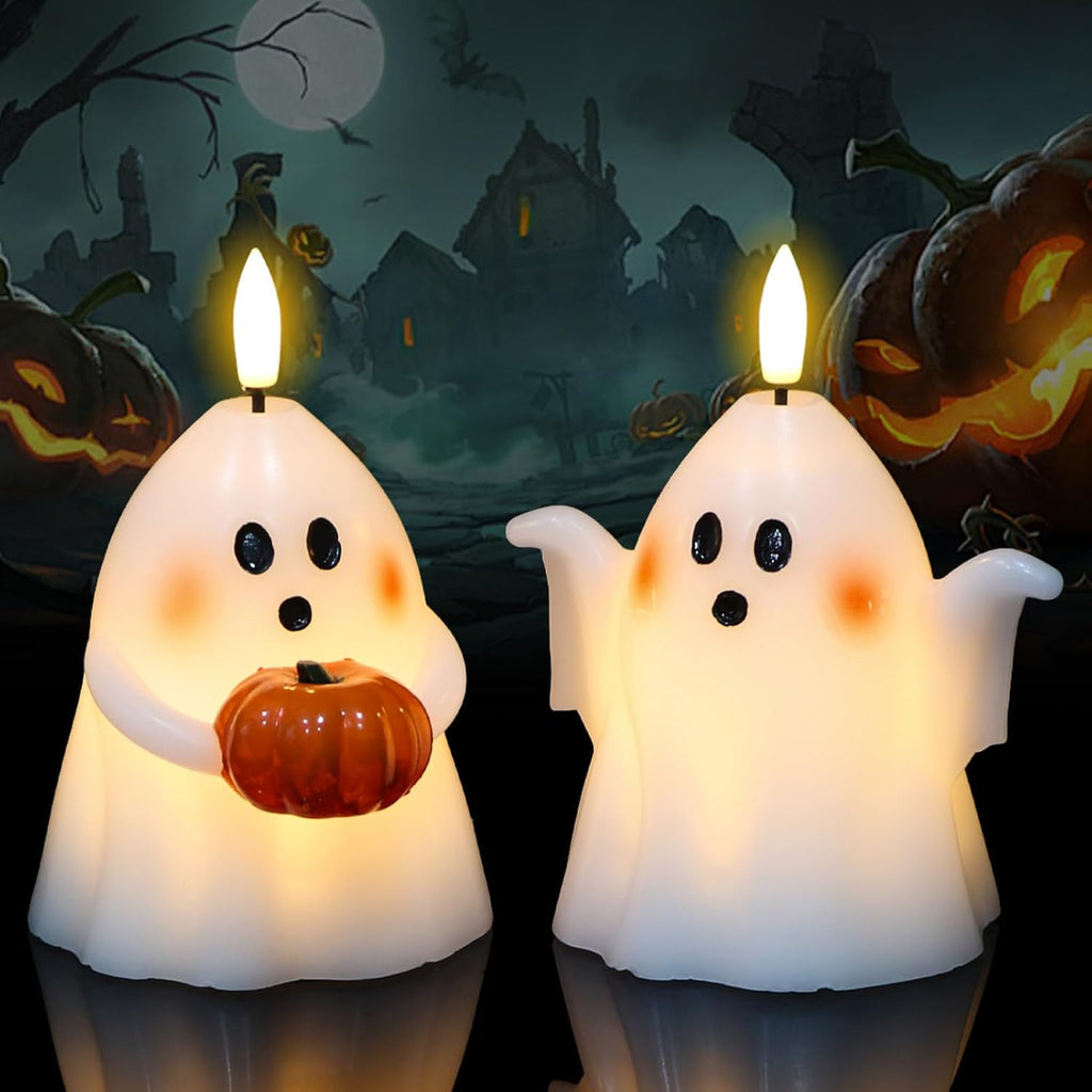Wondise Halloween Flameless Candles with 6hrs Timer Spooky Ghost | Battery Operated Candles 3D Flickering Wick Real Wax 2 Packs Halloween Candles for Halloween Decoration Gift （D 3.5" x H 5"