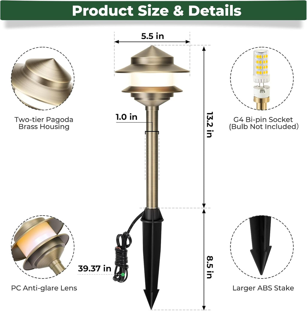 Pagoda Solid Brass Low Voltage Landscape Pathway Lights, 12V LED Heavy Duty Path Lighting Outdoor Wired, Waterproof Antique Bronze Walkway Lights, 6 Pack Without G4 Bulb