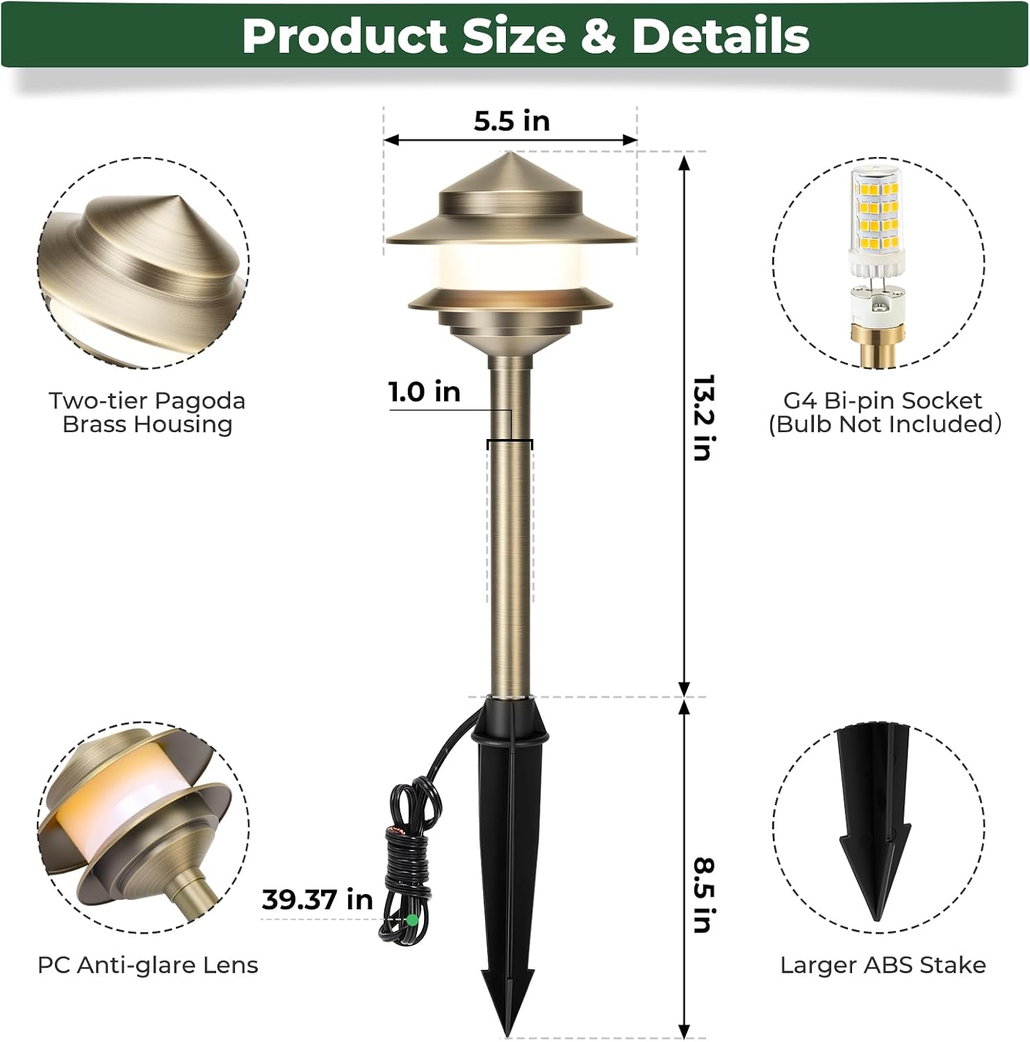 Pagoda Solid Brass Low Voltage Landscape Pathway Lights, 12V LED Heavy Duty Path Lighting Outdoor Wired, Waterproof Antique Bronze Walkway Lights, 6 Pack Without G4 Bulb