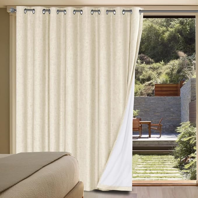 H.VERSAILTEX Linen Blackout Curtains Durable Thick Textured Linen Look 100% Blackout Patio Door Curtain Anti Rust Grommet Extra Wide Sliding Door Curtain Panel, Bleached Sand, W100 x L84 inch