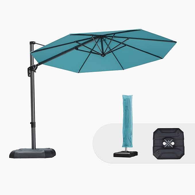 PURPLE LEAF 10 Feet Patio Umbrella with Base and Cover Round Outdoor Cantilever Umbrella Aluminum Offset Umbrella with 360-degree Rotation for Garden Deck Pool Patio Turquoise Blue