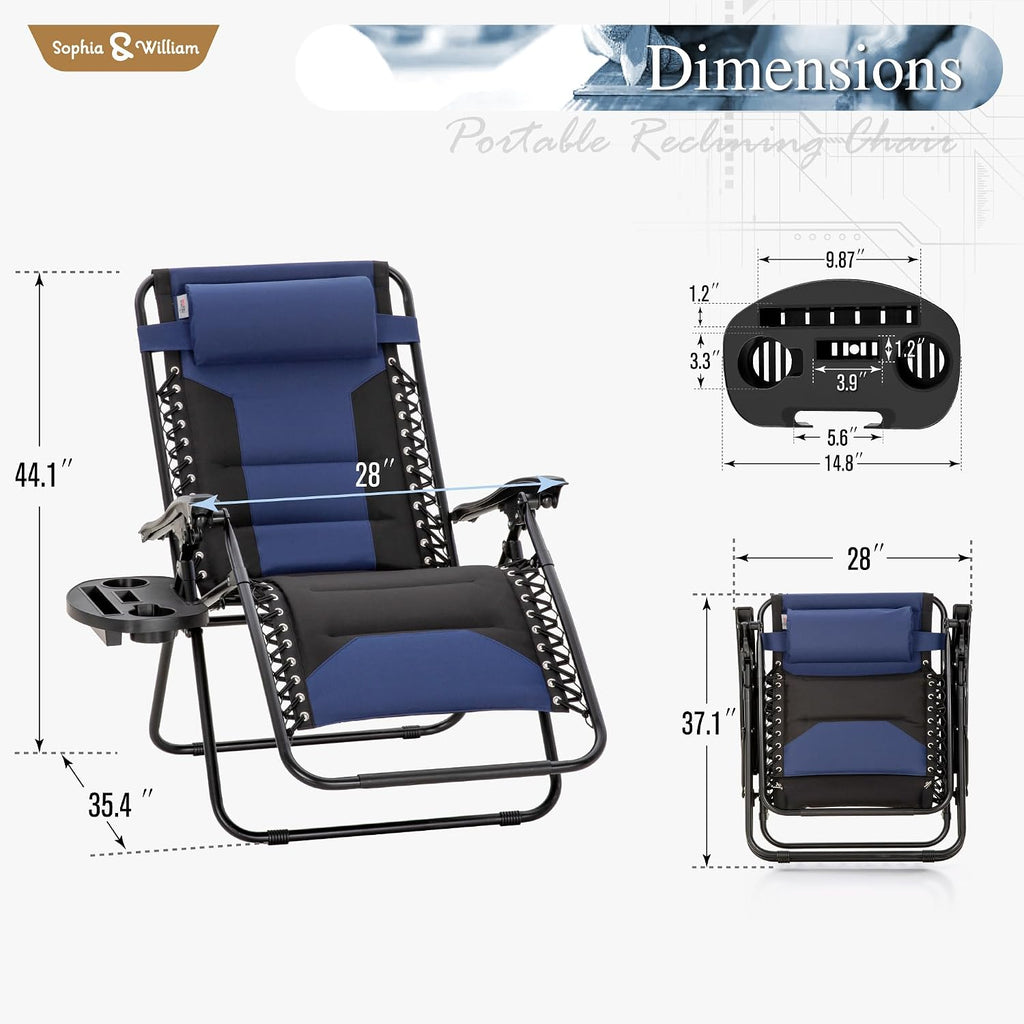 Padded Outdoor Zero Gravity Chair Set of 2, Cup Holder, 28in Seat, Blue | Foldable Outdoor Lounger, Detachable Cup Holder, 28in Seat, 400 LBS Weight Capacity, Equipped with Armrest