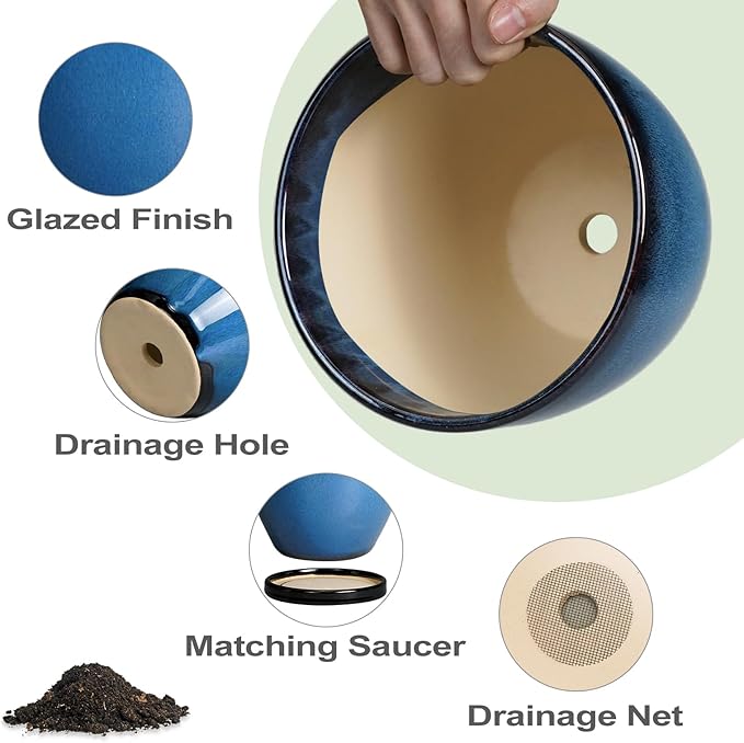 Ceramic Pots for Plants - 10 Inch Planter for Indoor Ourdoor Plants Modern Large Flower Pot with Drainage Hole and Saucer Room Home Office Garden Patio Porch Decor Blue