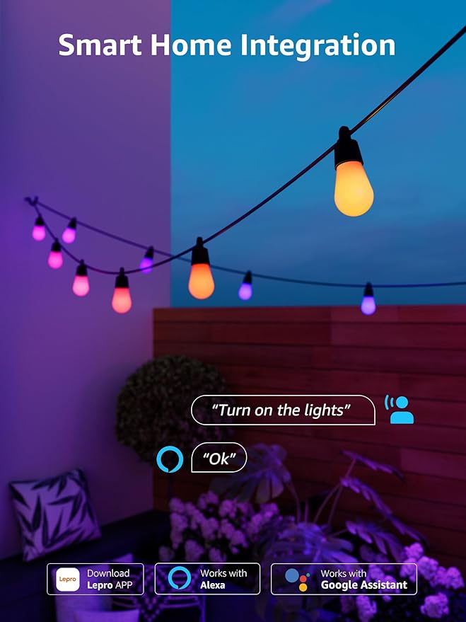 Lepro ZB1 AI Smart Outdoor String Lights APP Control, 100(88+12) ft RGB+IC+Warm White Outdoor Light 30 LED Bulbs, NOT Extendable, Alexa Google Enabled, Music Sync, NO Remote, 2.4 GHz WiFi+Bluetooth