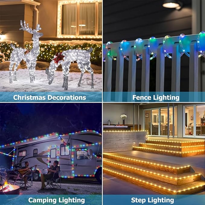 50ft Outdoor Rope Light, IP68 Waterproof 25 Color Changing String Lights with 149 Modes, Warm White & RGB LED Multicolor Twinkle Fairy Tube Lights for Indoor & Outside Railing, Balcony, Patio Decor