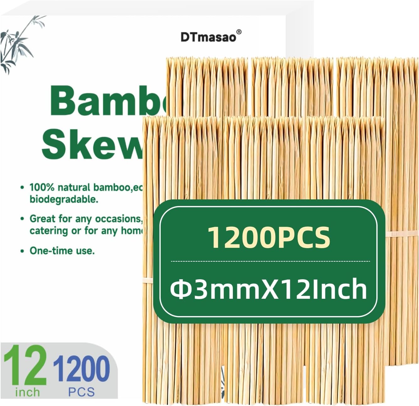 1200PCS 12 inch Bamboo Skewers for Wooden Sticks， BBQ，Appetiser，Fruit，Cocktail，Kabob，Chocolate Fountain，Grilling，Kitchen，Crafting and Party. Φ=3mm, More Size Choices 6"/8"/10"/12"/36"