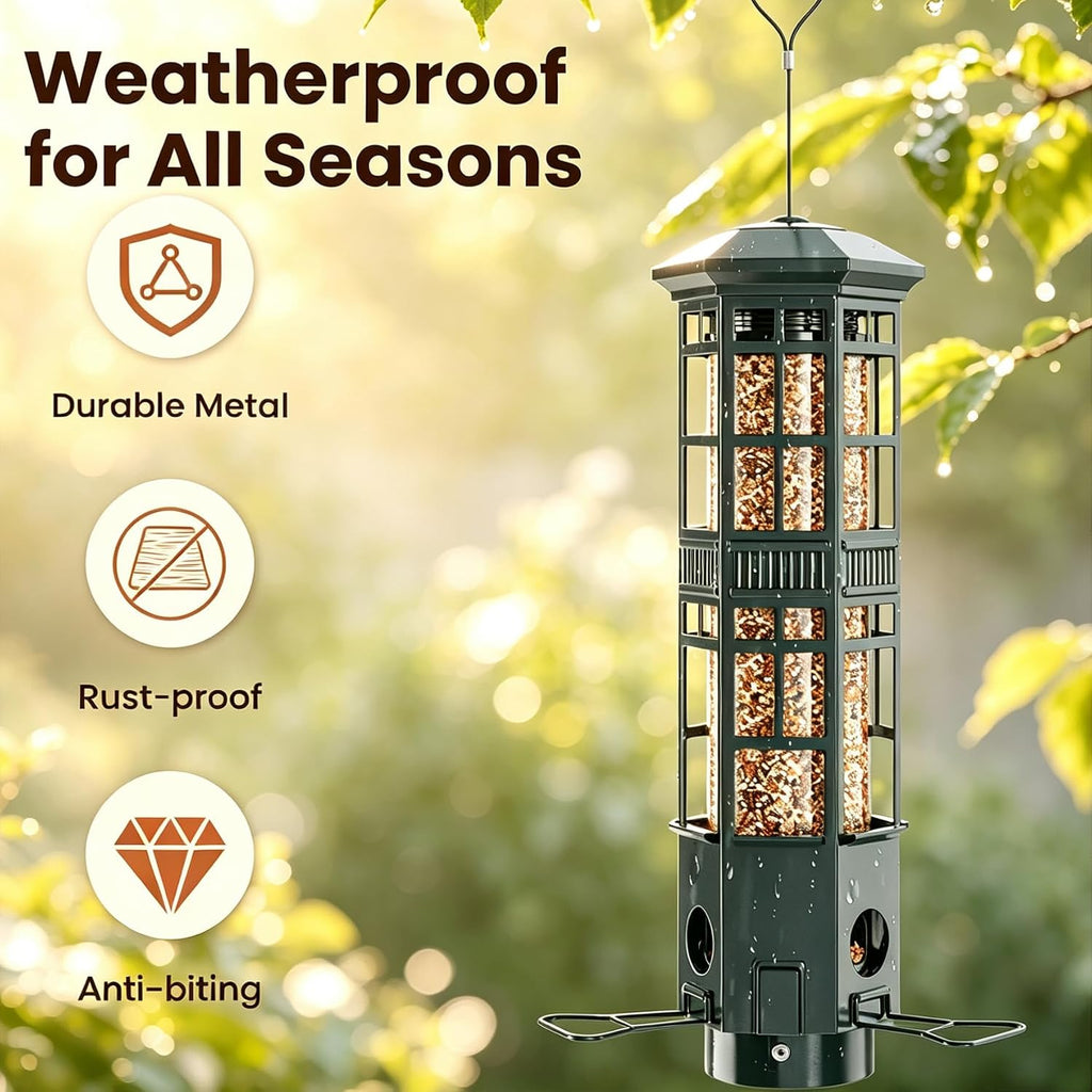 Metal Hanging Squirrel Proof Bird Feeders, Gravity Spring Closure System, Chew Resistant, Large Capacity, Weatherproof Bird Feeders for Outdoors, Olive Green