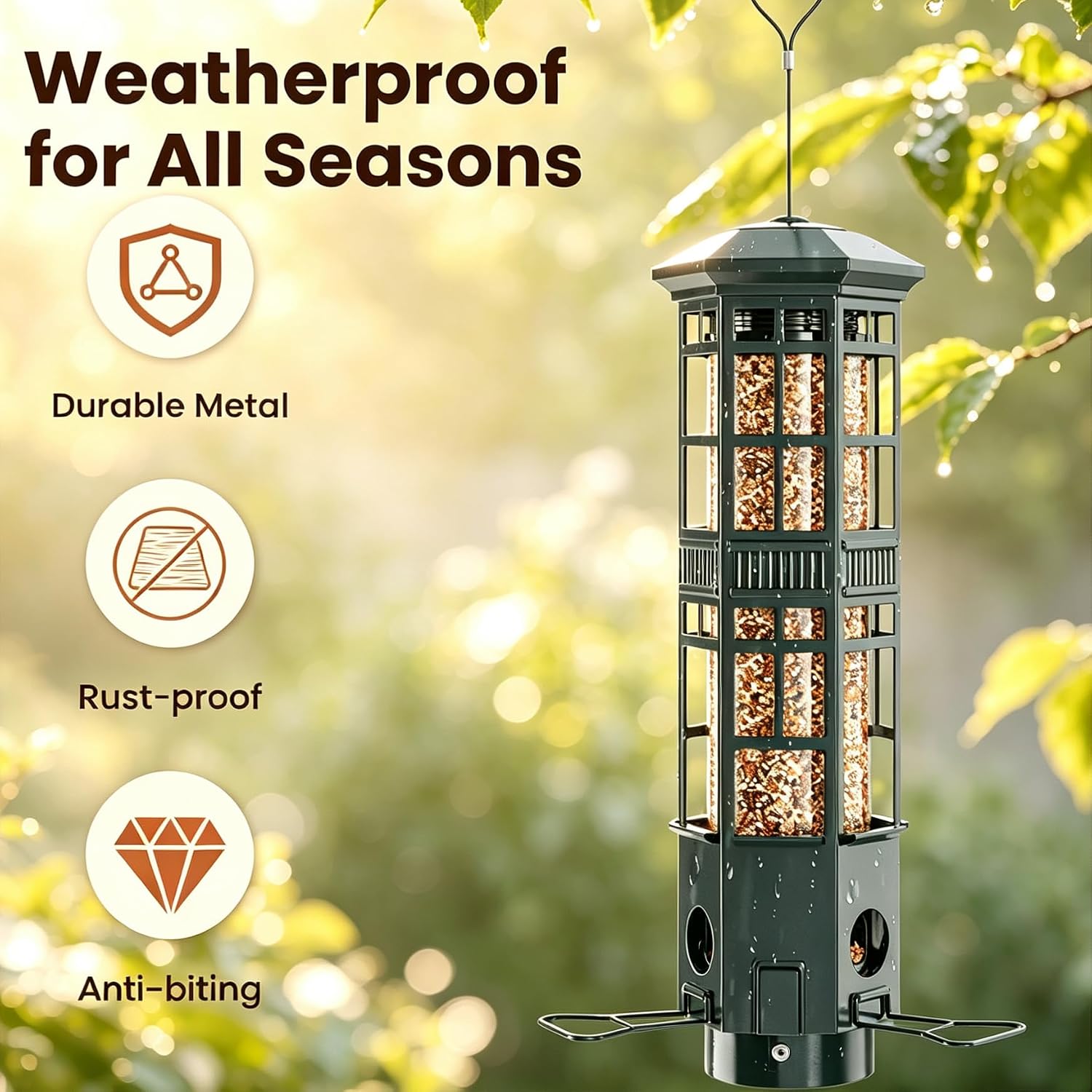 Metal Hanging Squirrel Proof Bird Feeders, Gravity Spring Closure System, Chew Resistant, Large Capacity, Weatherproof Bird Feeders for Outdoors, Olive Green