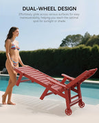 Carauci Lounge Chair Outdoor Set of 4, HDPE Chaise Lounge with Wheels, 5-Position Adjustable Backrest & 2 Cup Holders Patio Lounge Chair, All-Weather Pool Sun Lounger for Poolside, Backyard, Red