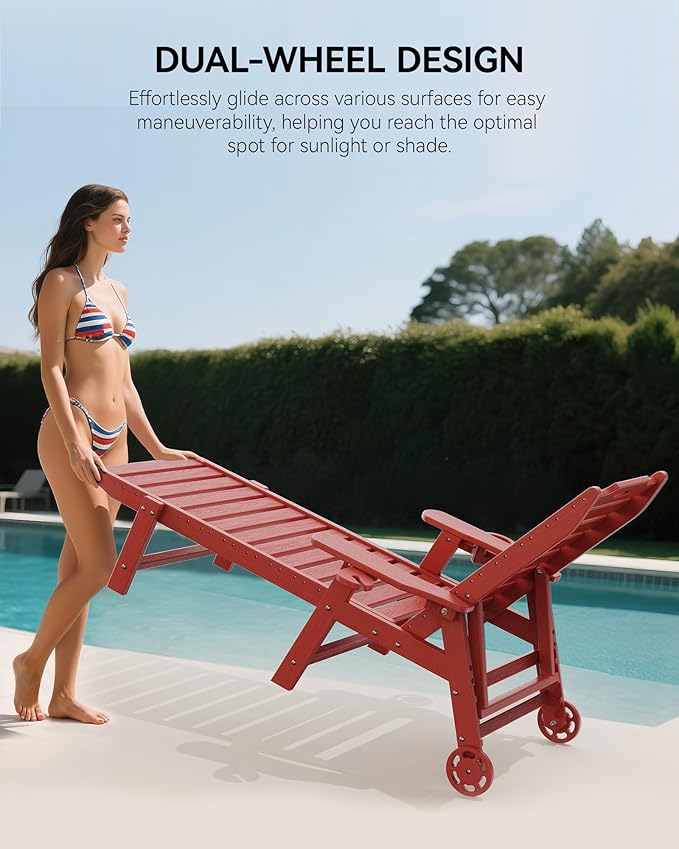 Carauci Lounge Chair Outdoor Set of 4, HDPE Chaise Lounge with Wheels, 5-Position Adjustable Backrest & 2 Cup Holders Patio Lounge Chair, All-Weather Pool Sun Lounger for Poolside, Backyard, Red