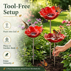3 Pcs Metal Flower Bird Bath Garden Stakes, Red Poppy Flower Bowl Outdoor Yard Decor,Handmade Style Decorative Bird Feeder Water Bowl for Birds, Bees, Butterflies, Beds,Patio, Lawn and Garden