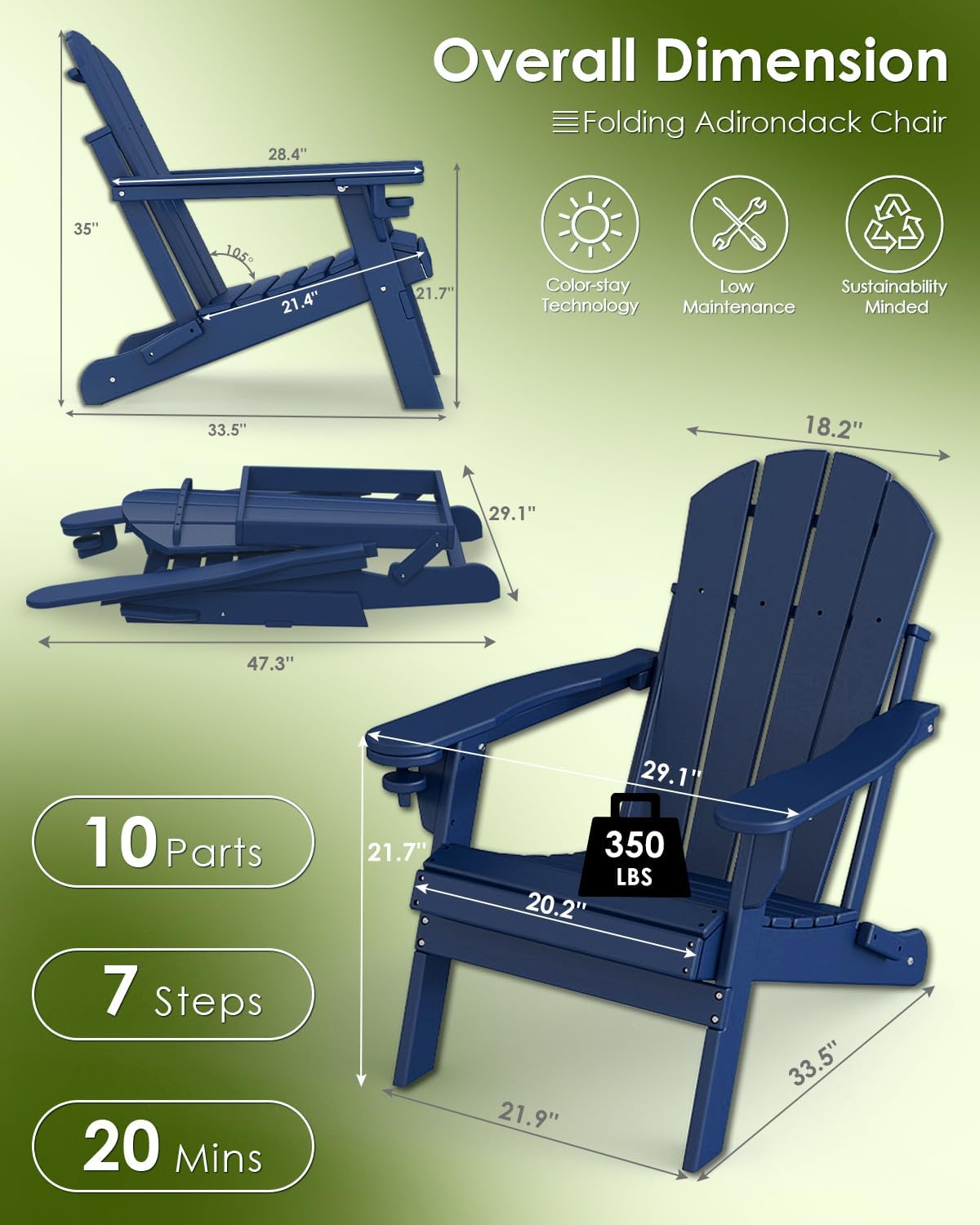GREENVINES Folding-Adirondack-Chairs Set of 2, HDPE All Weather, Blue | Hidden Cup Holder | 5” Wide Armrests | Foldable Fire Pit Chair | Reclined Legs | Low Maintenance for Outdoor Patio Deck