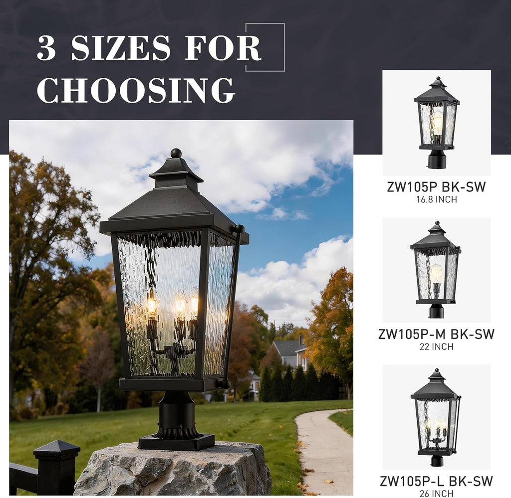 zeyu 26 Inch Outdoor Post Lights, 3 Light Lamp Post Light Fixture Hardwired, Large Waterproof Lamp Pillar Fixtures for Pathway, Water Ripple Glass Shade, Black Finish, ZW105P-L BK-SW
