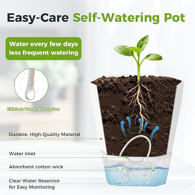 5 Pack Self Watering Pots for Indoor Plants, 5/6.7/8.4 Inches Self Watering Planters African Violet Self Watering Clear Pots for Plants Herb Orchid Flower Houseplant Pots, White