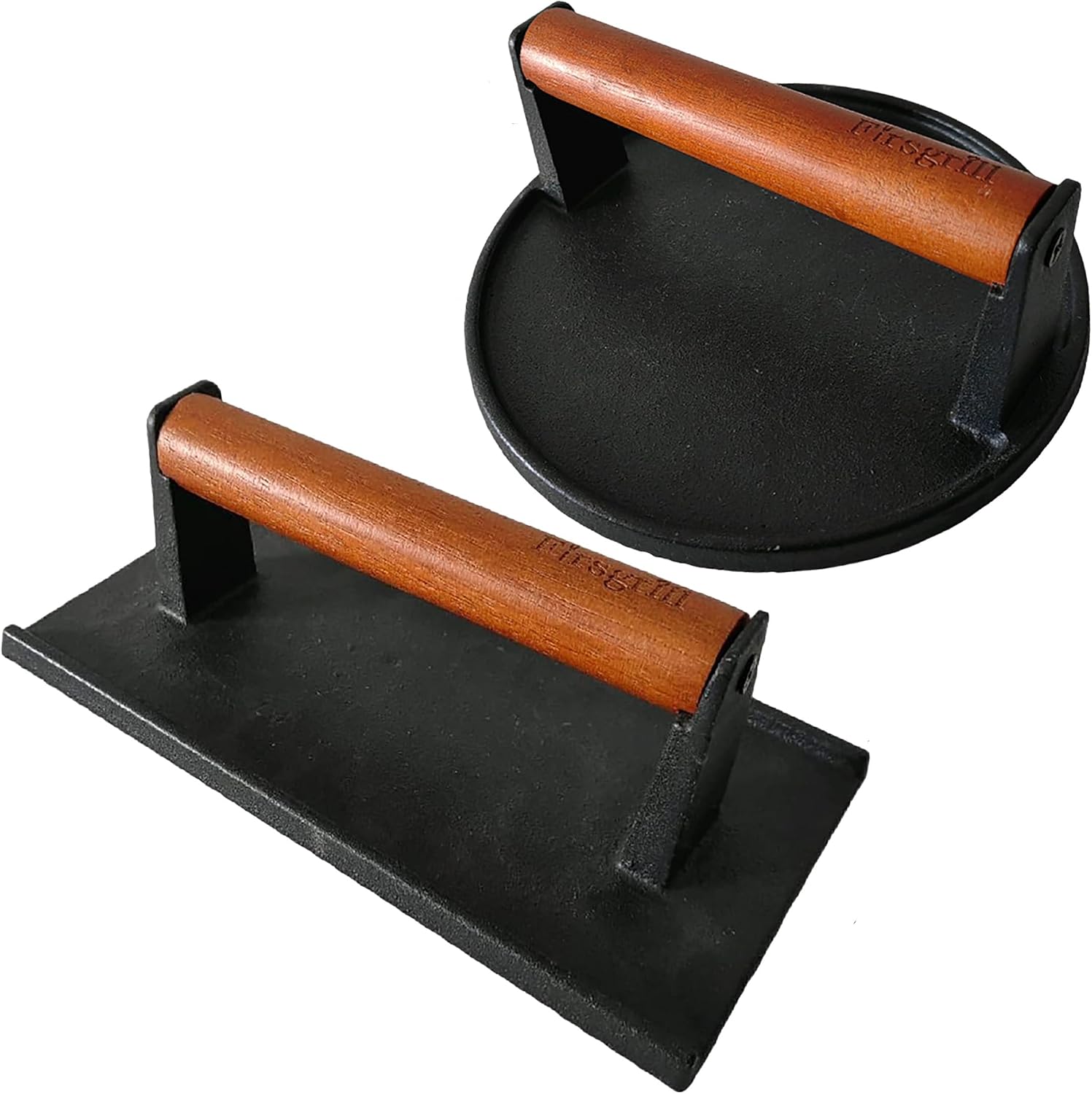 Burger Press 7.08" Round & 8.3”X4.3”Rectangle Heavy-Duty Cast Iron Smash Meat Steak with Wood Handle for Blackstone Camp Chef Pitboss Weber Treager Griddle (Round & Rectangle w Flat Bottom)