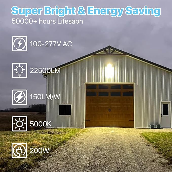 HYPERLITE LED Parking Lot Light - 200W 30000LM 5000K Led Parking Lot Lights Outdoor Dusk to Dawn - Wall Mounted Commercial Led Flood Light for Street Garage Barn Roadways Driveways Pond- 2PACKS