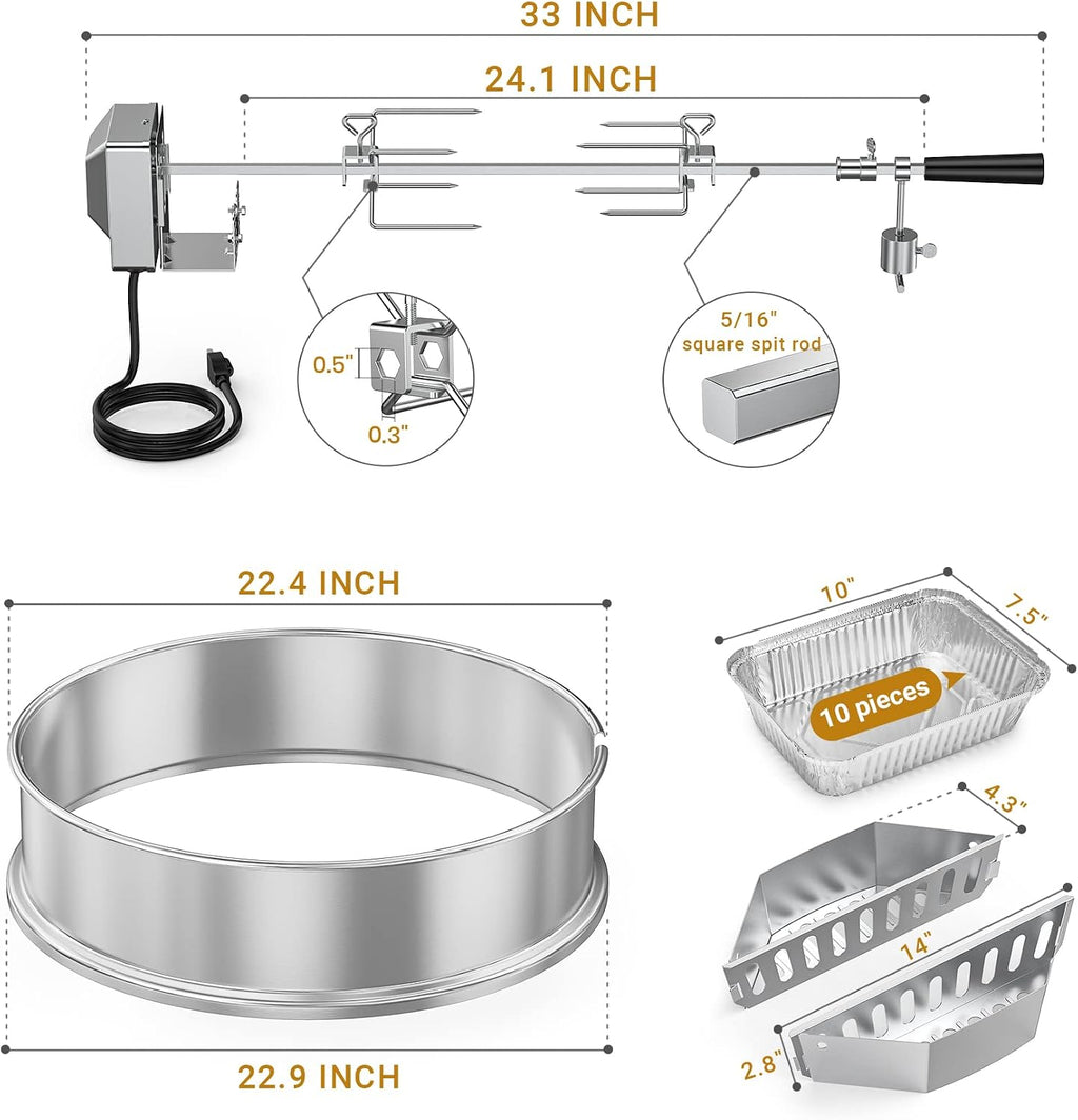 onlyfire Upgrade Stainless Steel Rotisserie Ring Kit for Weber 22-inch Kettle Charcoal Grills, Comes with Charcoal Baskets and 10 Pack Drip Pans | With 2 Charcoal Baskets and 10 Pack Drip Pans