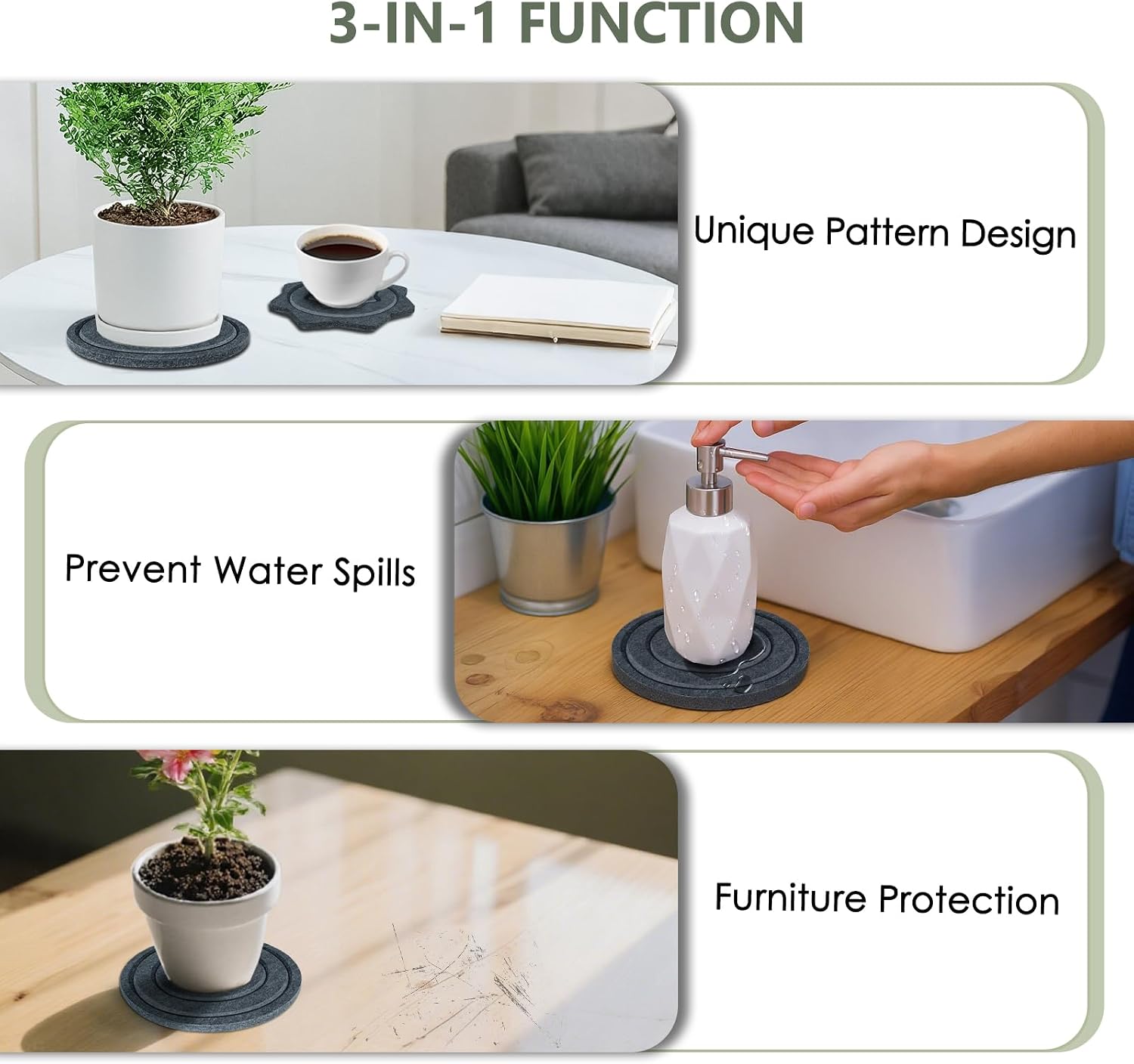 BXI Felt Plant Saucer Mat - 6 Pcs 6 Inch Water Absorbent Planter Coaster, 0.4 Inch Thick Flower Pot Saucer Pad, Planting Drip Tray for Indoors, Fabric Protective Plate for Tabletop and Floor Surface
