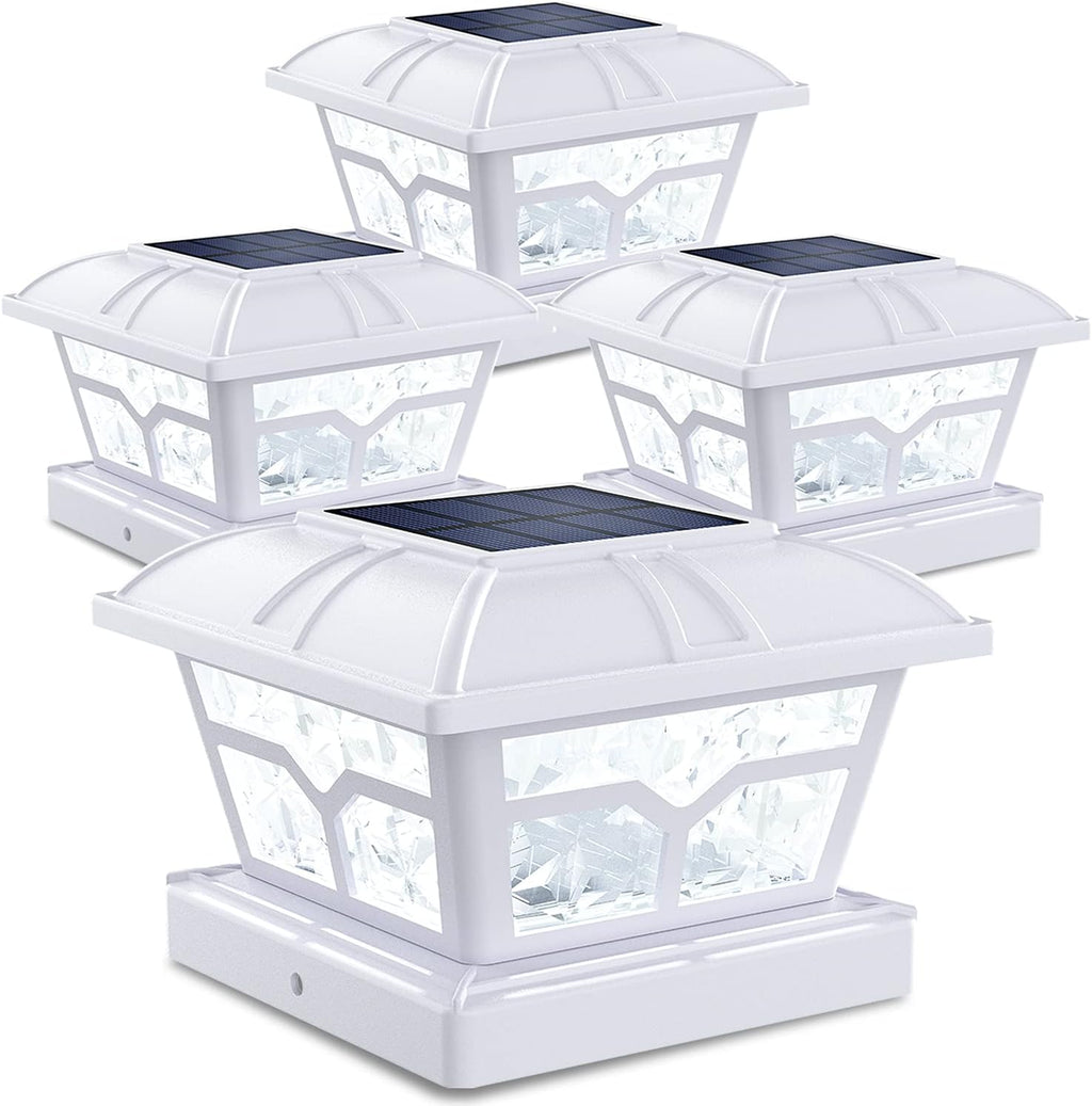 SIEDiNLAR Solar Post Cap Lights Outdoor 2 Modes, 4 Pack, White, Warm/White | Fence Post Lights, 8 LEDs for 4x4, 5x5 & 6x6 Vinyl/Wood Posts, Solar-Powered Waterproof for Patio, Deck, Garden & Yard Decor