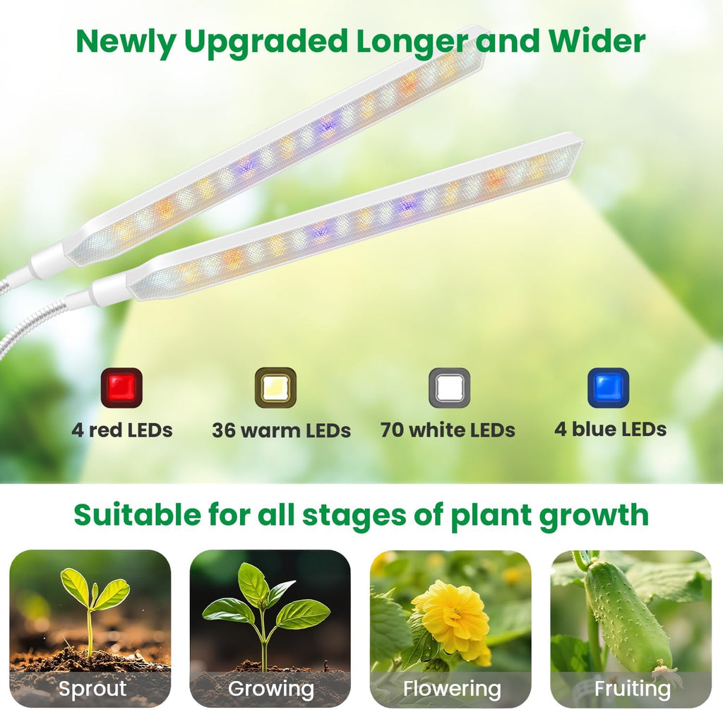 Aumtrly Plant Lights for Indoor Growing, 2 Head White Clip on Grow Lamp | 114 LED Full Spectrum, for Seed Starting, 6/12/16H Timer, 5 Dimming, 3 Light Modes, Flexible Gooseneck, Use Desk and Shelves