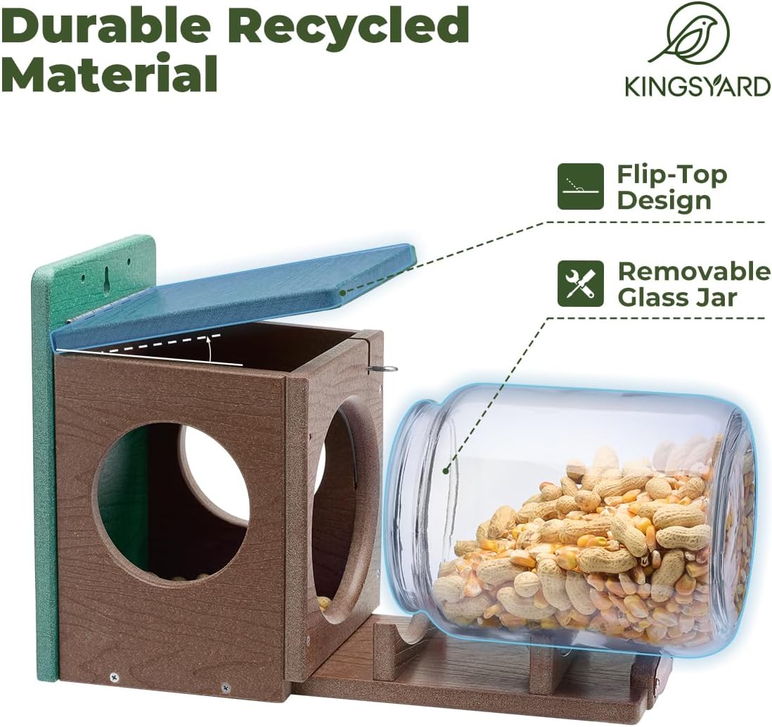 Kingsyard Recycled Plastic Squirrel Feeder for Outside, Squirrel Feeder Box with Peanuts Corn Storage Jar, Sturdy & Durable, Weatherproof (Green & Brown) | Sturdy & Durable Recycled Plastic, Removable Peanuts Corn Storage Jar, No Assembly Required