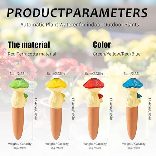 4 Pack Watering Globes - Terra Cotta Watering Spikes for Indoor Plants, Handcrafted Mushroom Shape Self Watering Devices with Slow Release System, Plant Water Bulbs for Vacation & Outdoor Pot