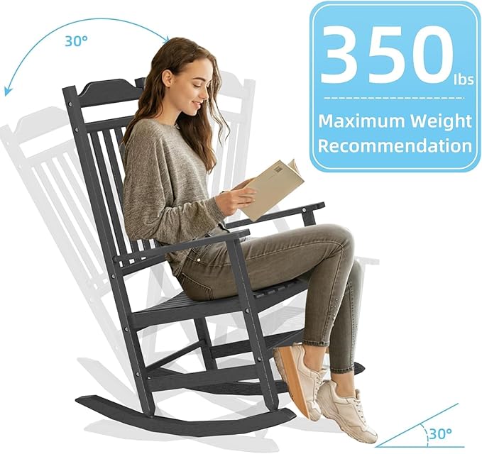 Patio Rocking Chair Outdoor Set of 1,Weather Resistant Poly Resin Oversized Porch Rocker,Indoor Outdoor Use(1, Black)